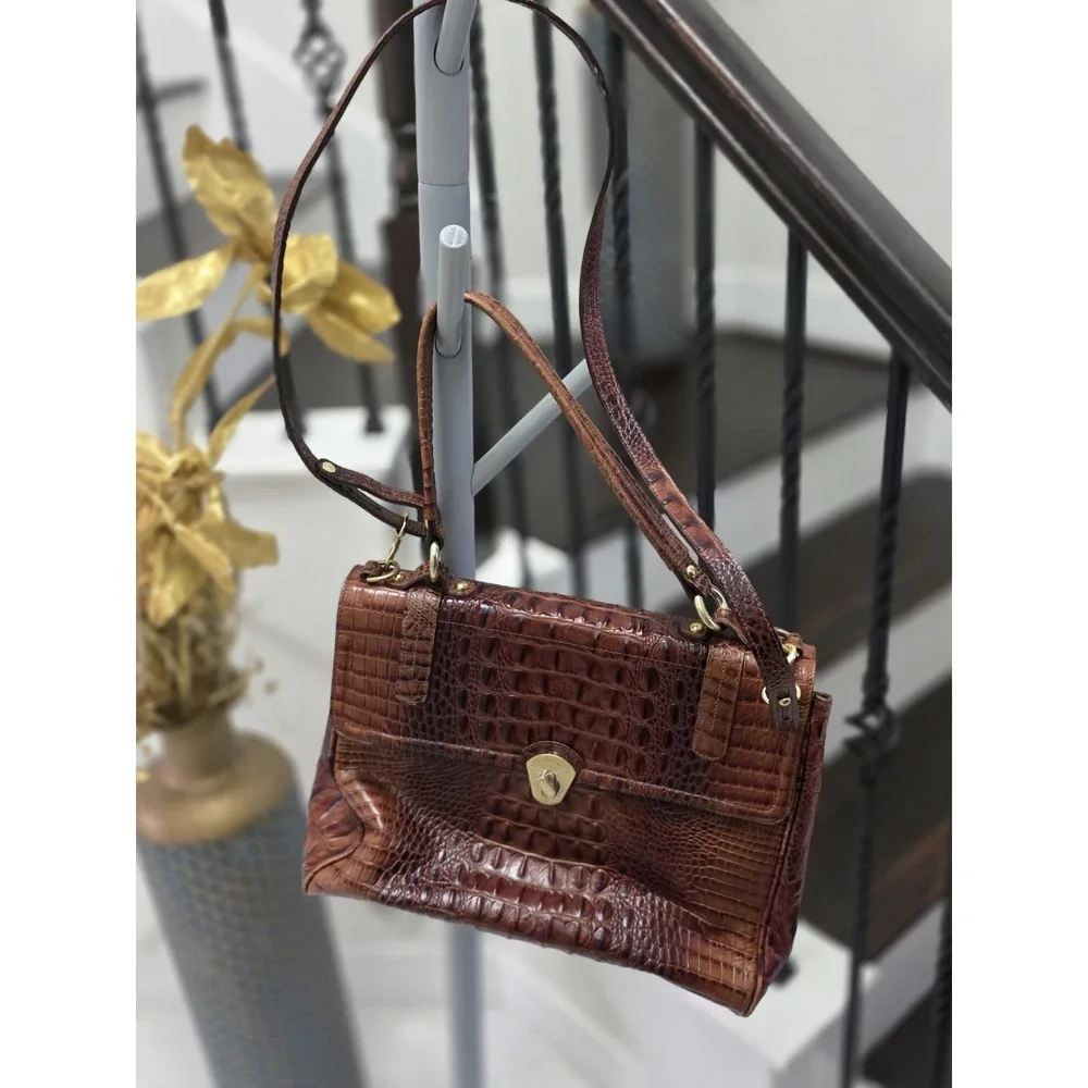 RARE Vintage Brahmin Julia Rose Lady Satchel Purse Bag in Orange Croc Leather